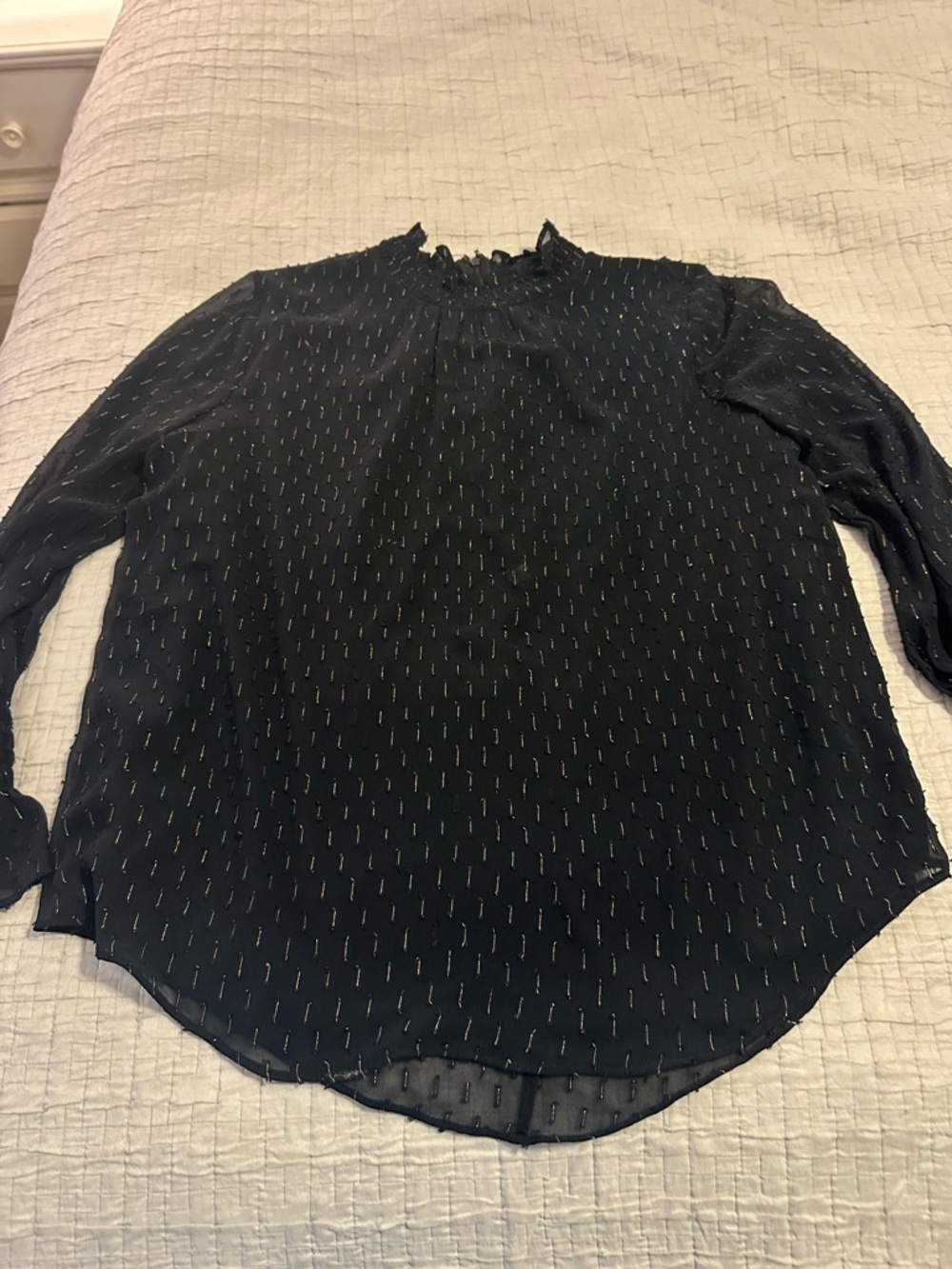 Ann Taylor Black Blouse with Gold Metallic Dots